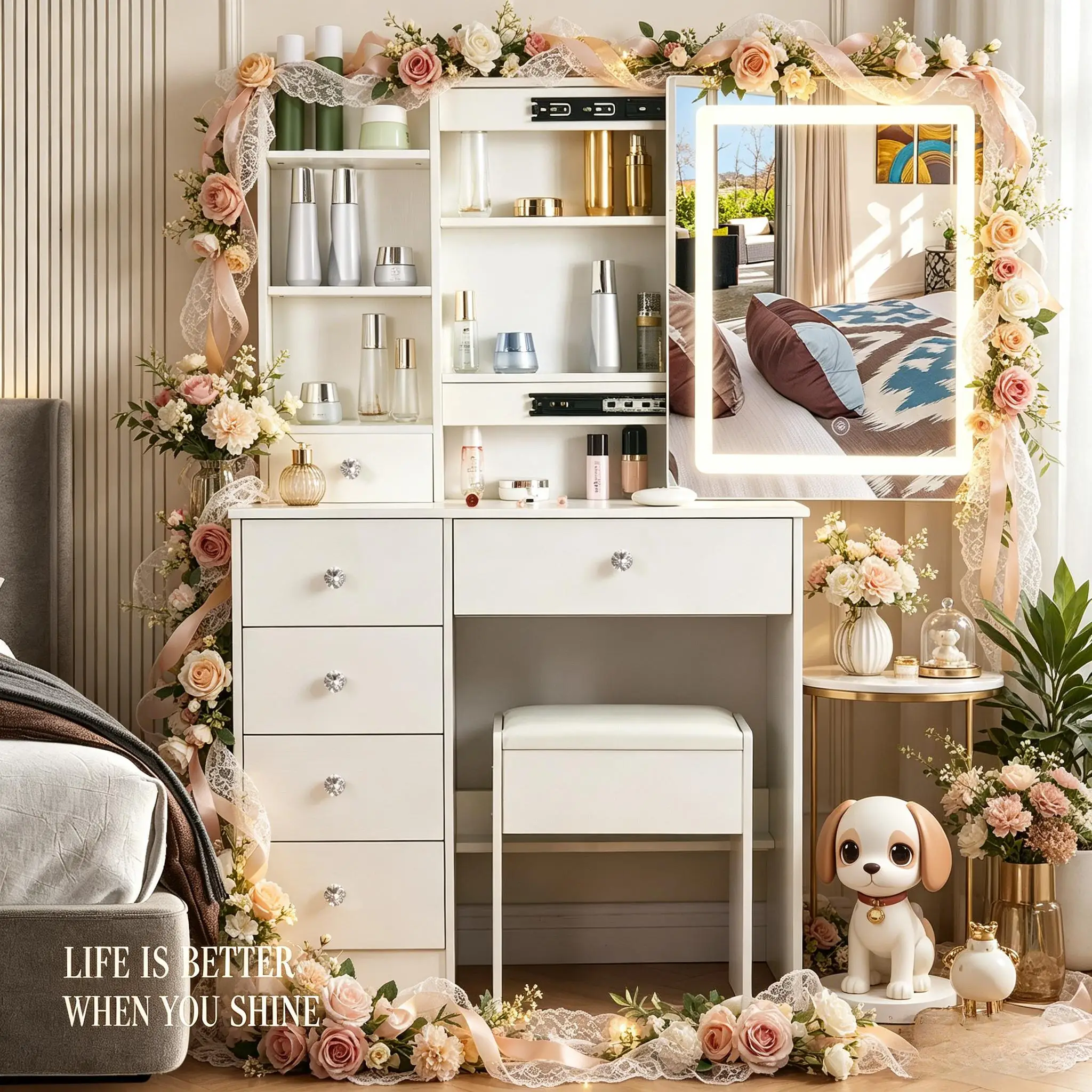 Makeup Vanity Dressing Table, 3 Color Dimmable LED Mirror, Drawers Shelf & Stool Design, Modern Bedroom