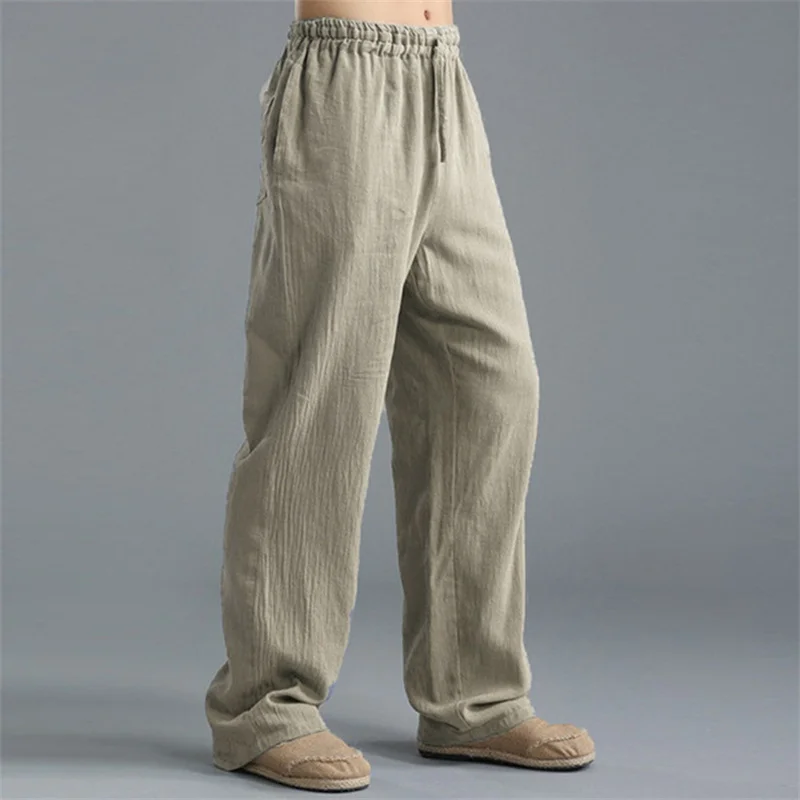 Solid Color Cotton Linen Men Pants Minimalist Basic Casual Drawstring Trousers Thin Plus Size Loose Straight Leg Pant 3