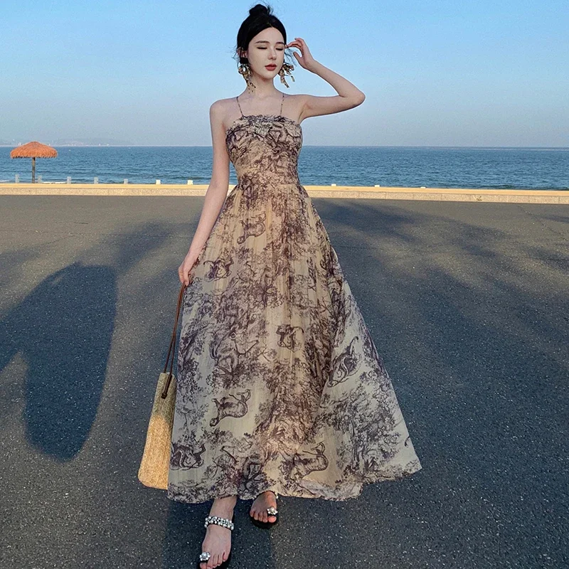 

2024 Women Floral Evening Vintage Dress Boho Halter Casual Beach Party Vestidos Korean Elegant Slim Backless Birthday Dresses