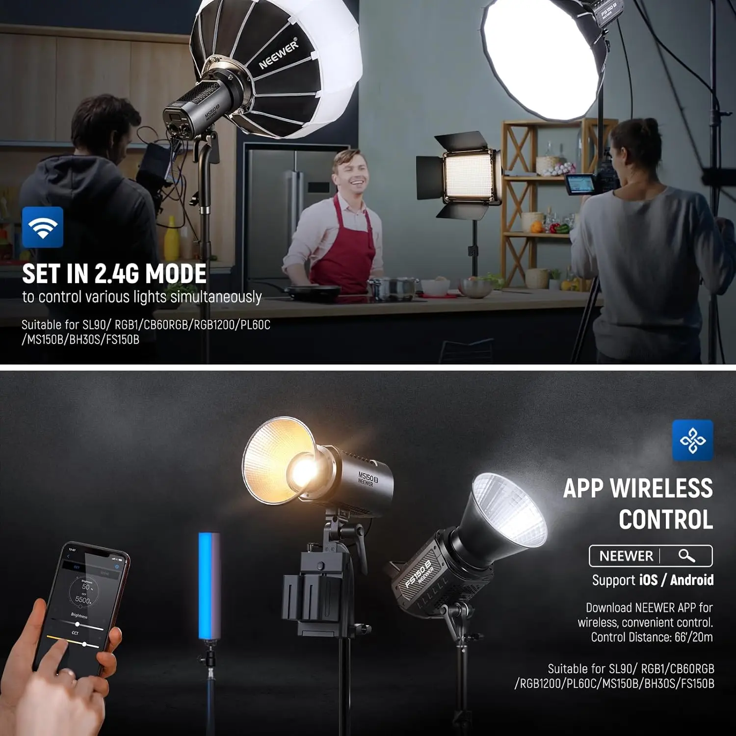 MS150B 130W Bi-Color LED Video Light Mini COB Portable Photography Lighting with