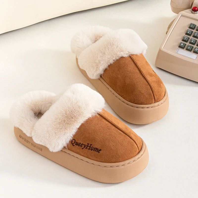 Queeyhome Winter Women Flat-Bottomed Plush Commute Solid Color Versatile Cotton Slippers Warm Cozy Indoor-Outdoor Man Shoes 3