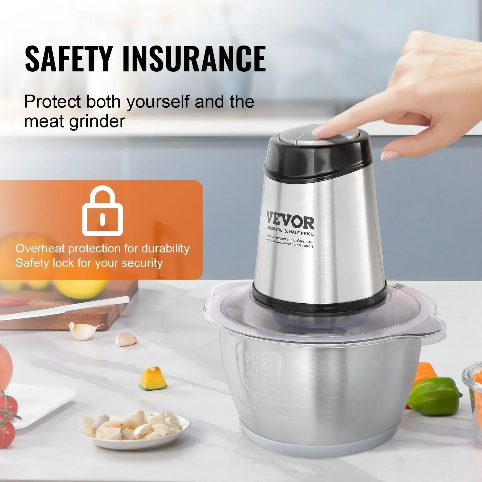 VEVOR Food Processor Electric Meat Grinder with 4-Wing Stainless Steel Blades Stainless Steel Bowl for Baby Food 6