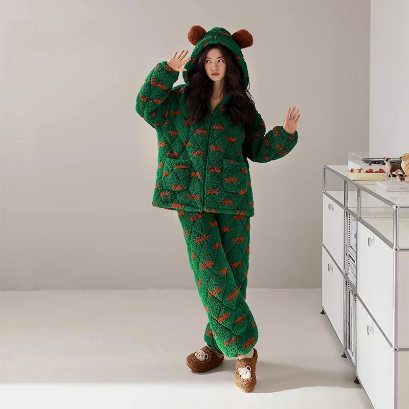 따뜻한 잠옷 여성 겨울용 따뜻한 편안한 외출 가능 코랄 플리스 세트 코랄 플리스 레이어드 여성 겨울용 따뜻한 잠옷 여성용 잠옷