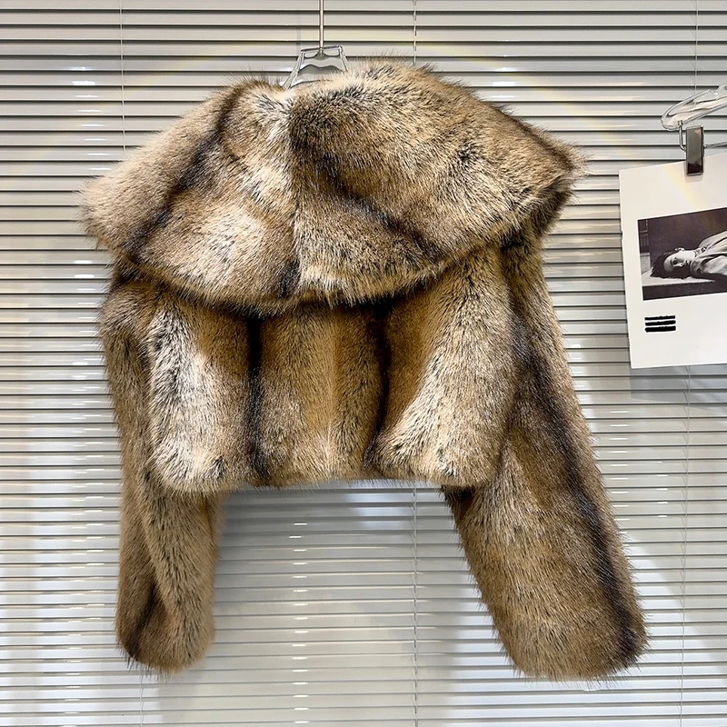 Abrigo corto de piel sintética a rayas retro vintage para mujer, chaqueta de piel de zorro con cuello grande recortada a la moda Y3k para invierno para niña
