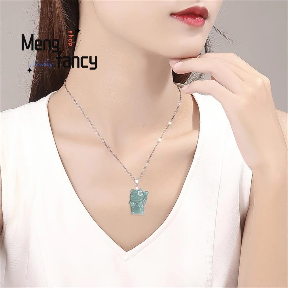 Natural A-goods Jadeite Blue Water Fortune Cat Jade Pendant S925 Silver Inlay Exquisite Cute Mascot Fashion Jewelry