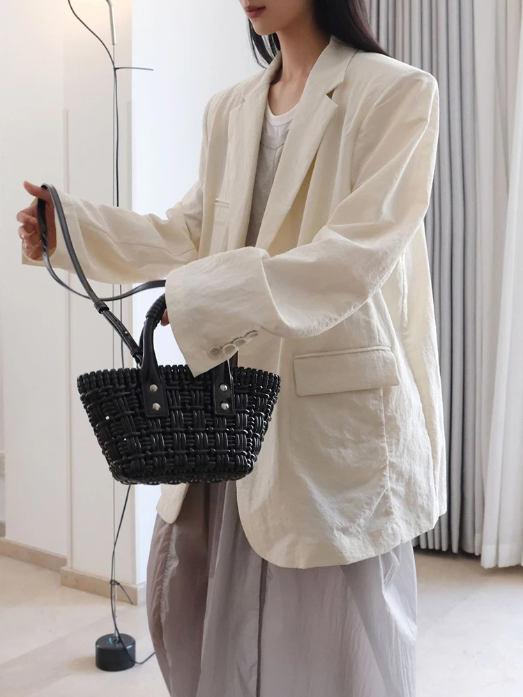 [LANMREM] Linen Loose Casual Blazers For Women Single Breasted Korean Style Jackets Fashion Coats 2024 Summer New 26D9061