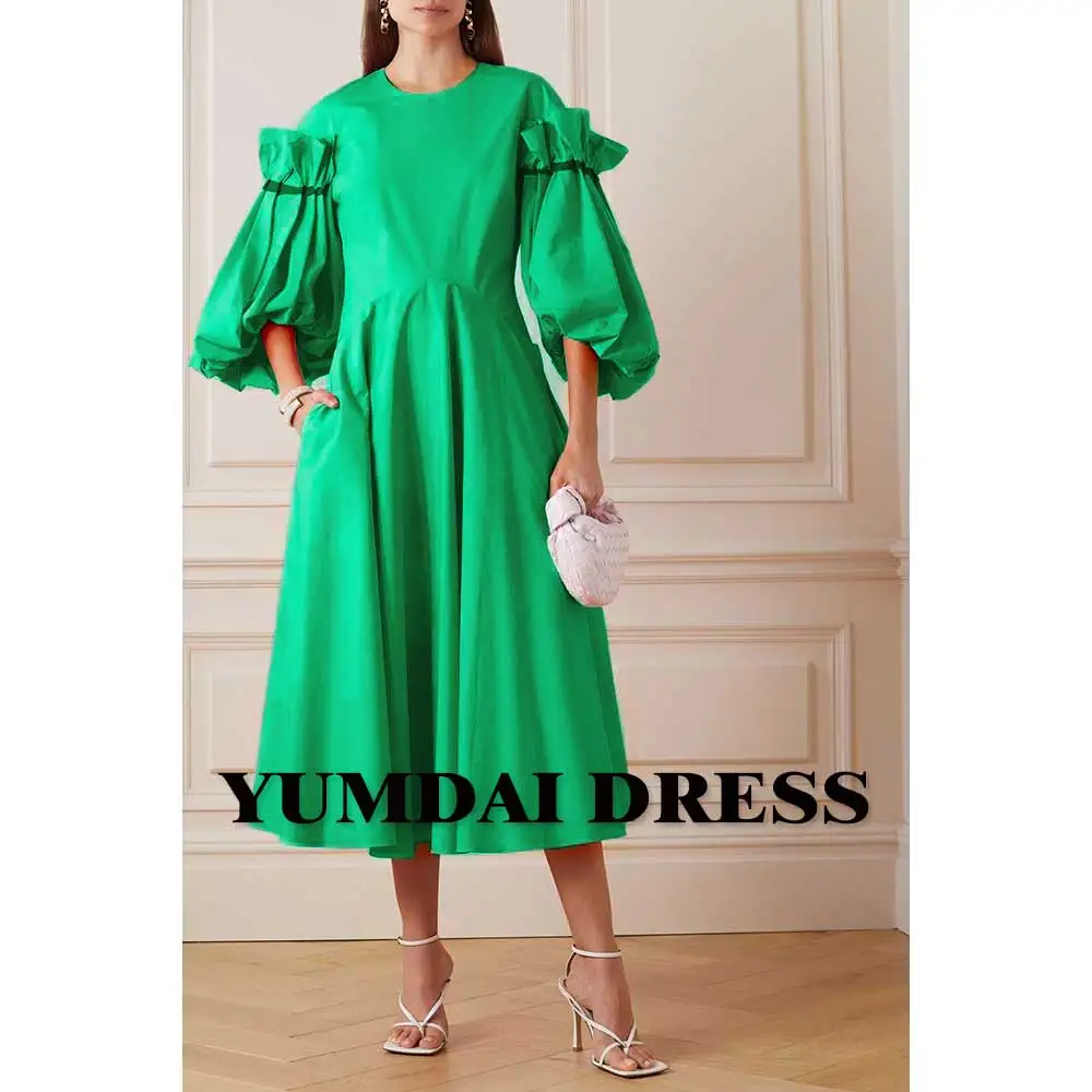 

YUMDAI Shiny Satin Puff Sleeve Evening Gown Round Neck A-Line Gown Girls 15 Years Old Ceremony Green Dress Bride Bridesmaid Gown