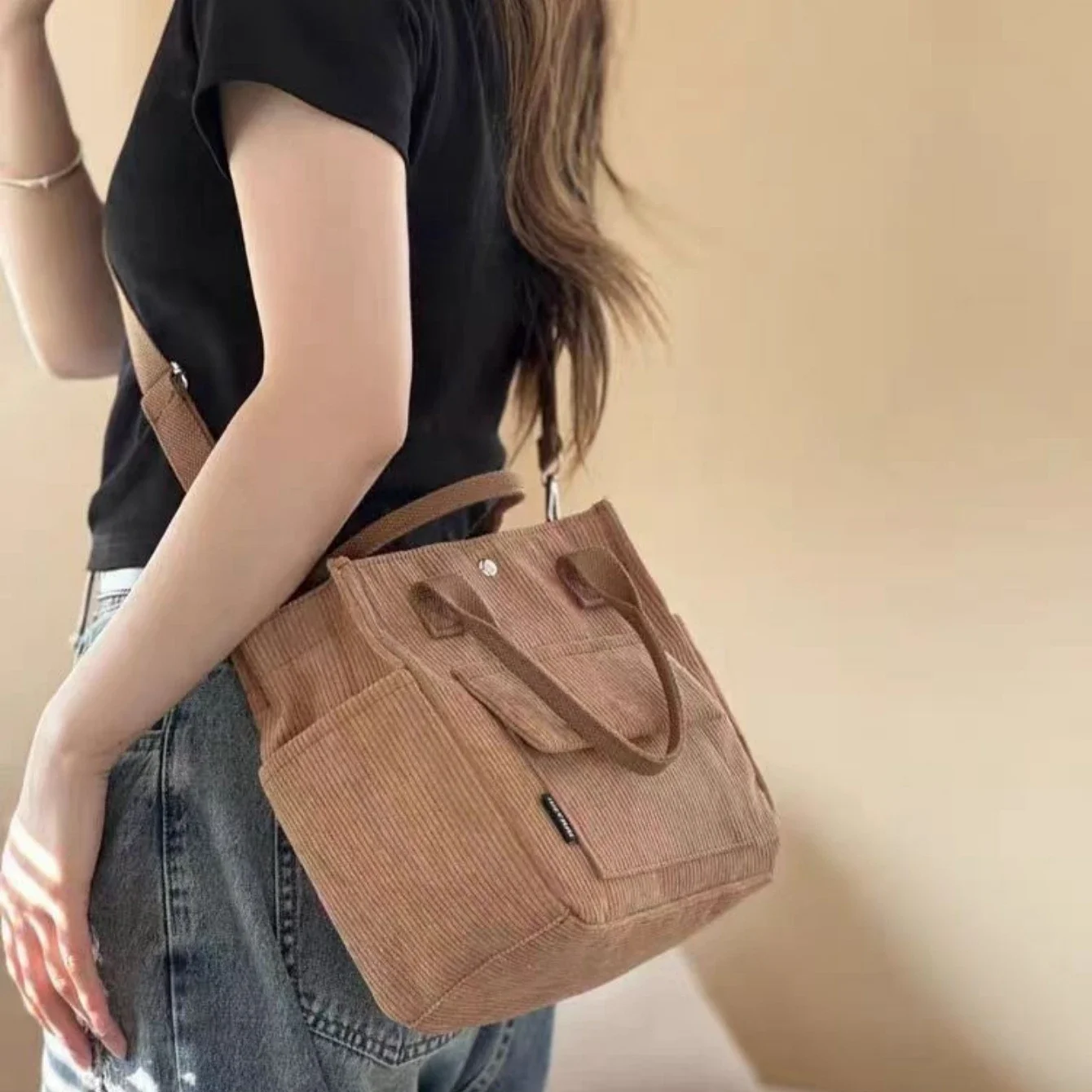 1pc Vintage Corduroy Shoulder Bag for Women, Lightweight Striped Tote with Removable Strap, Multi-Pocket Design