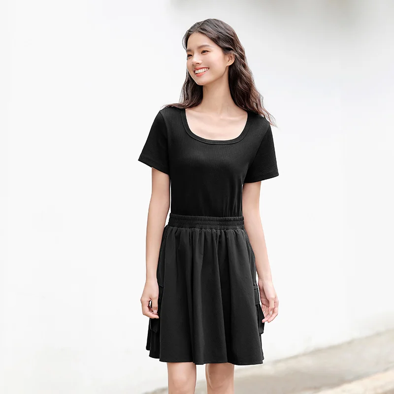 Dress Women Faux Two-Piece Design Versatile Summer New Square Collar Slim Fit Short Skirt Suitable For Petite