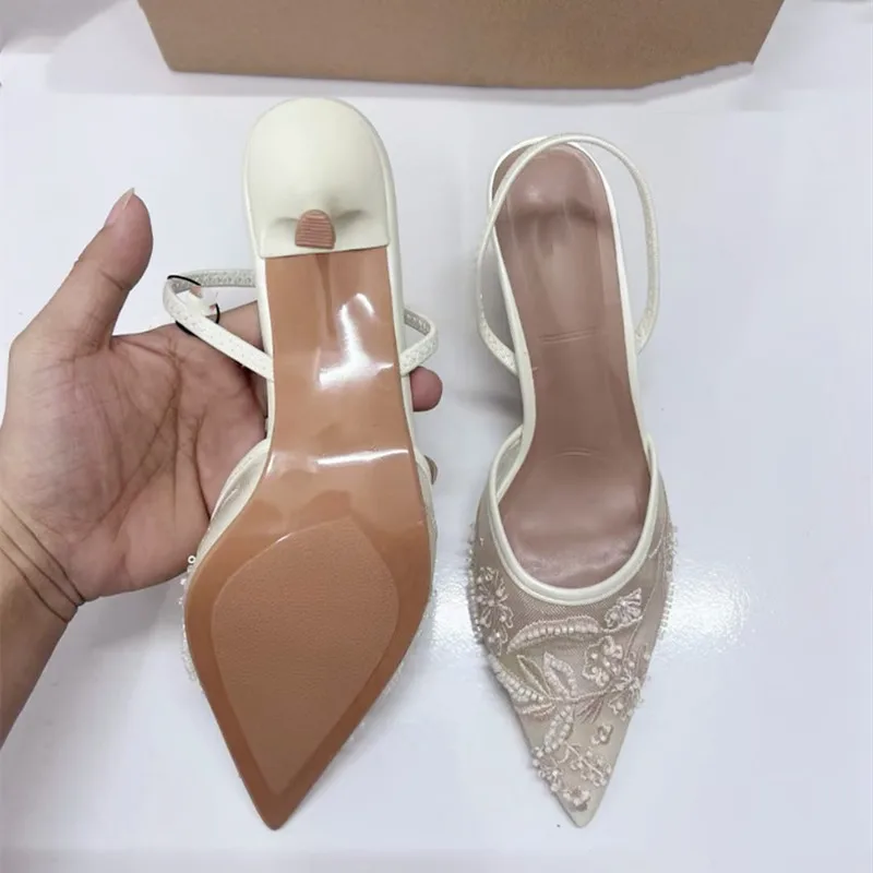 Women Sandals Women High-heel Pumps Embroidered Mesh Open Heel Shoes Fashion Print Stiletto Sexy Pointed End Mules women sandals,women high heels