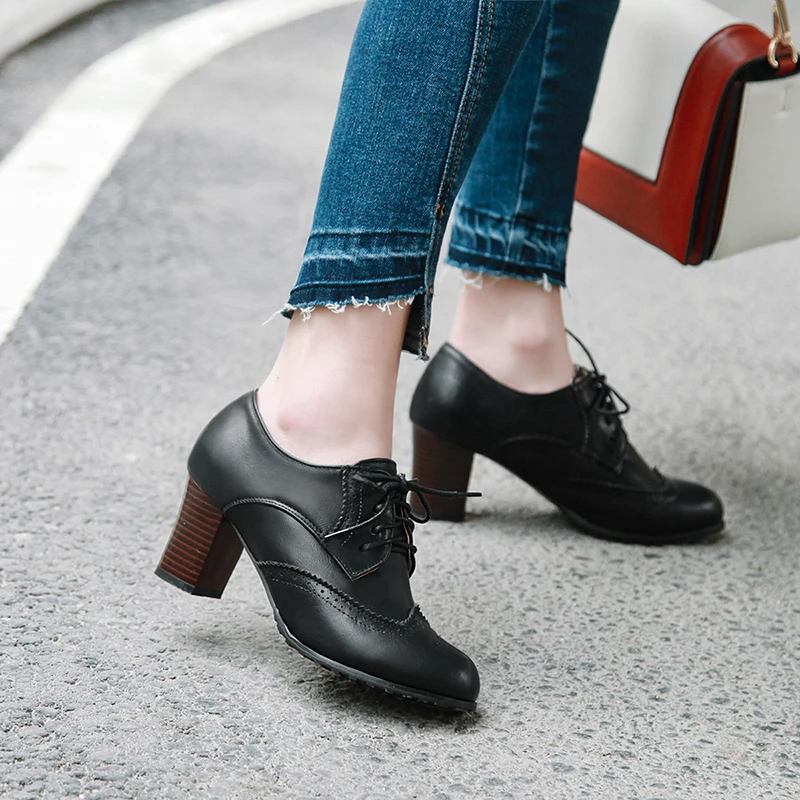 

Autumn Women Oxford Lace Up Shoes Vintage Round Toe Women Ankle Boots England Style High Heels Ladies Chaussure Femme Size 34-43