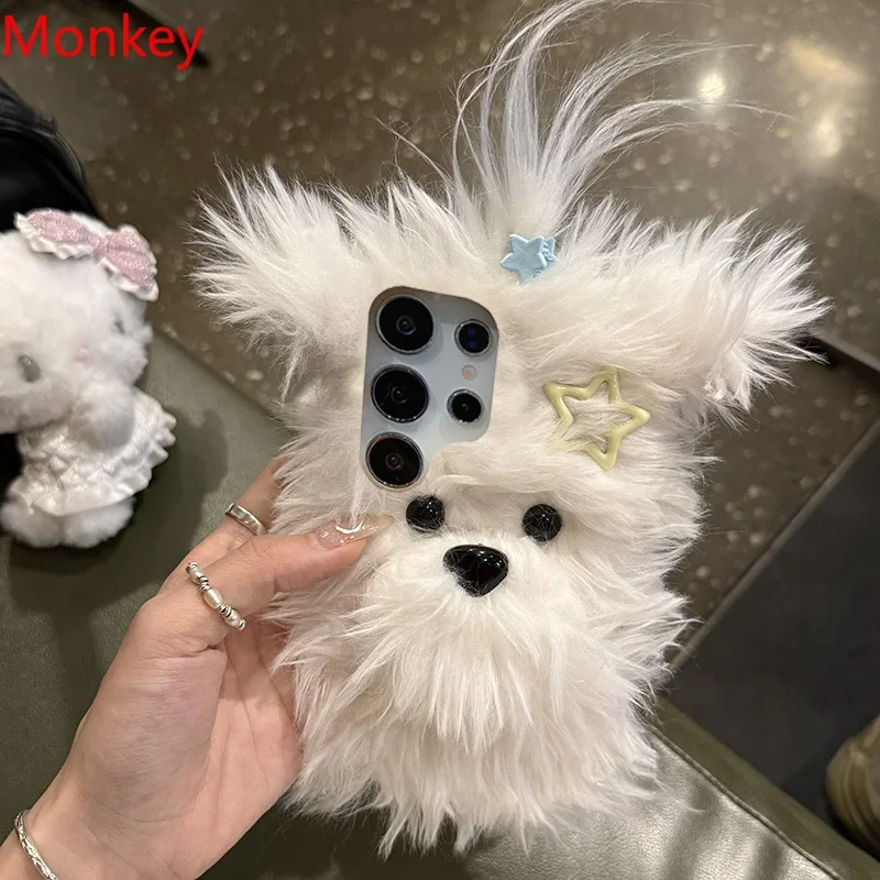 Fluffy Bow Puppy Plush Phone Case Cover