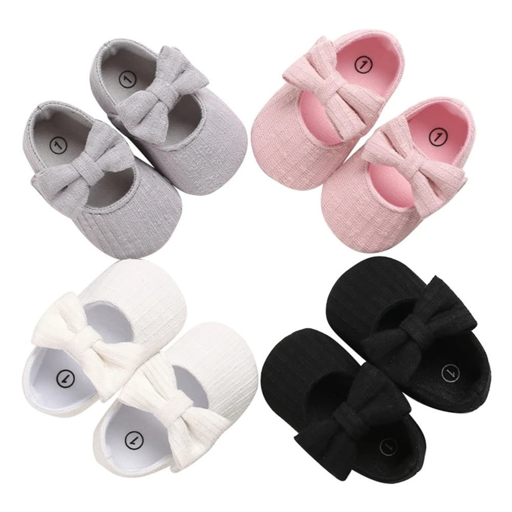 Baby Girls Solid Color Crib Shoes with Bow-knot, Soft Sole Anti-slip Low-cut Princess Shoes for Spring, Fall