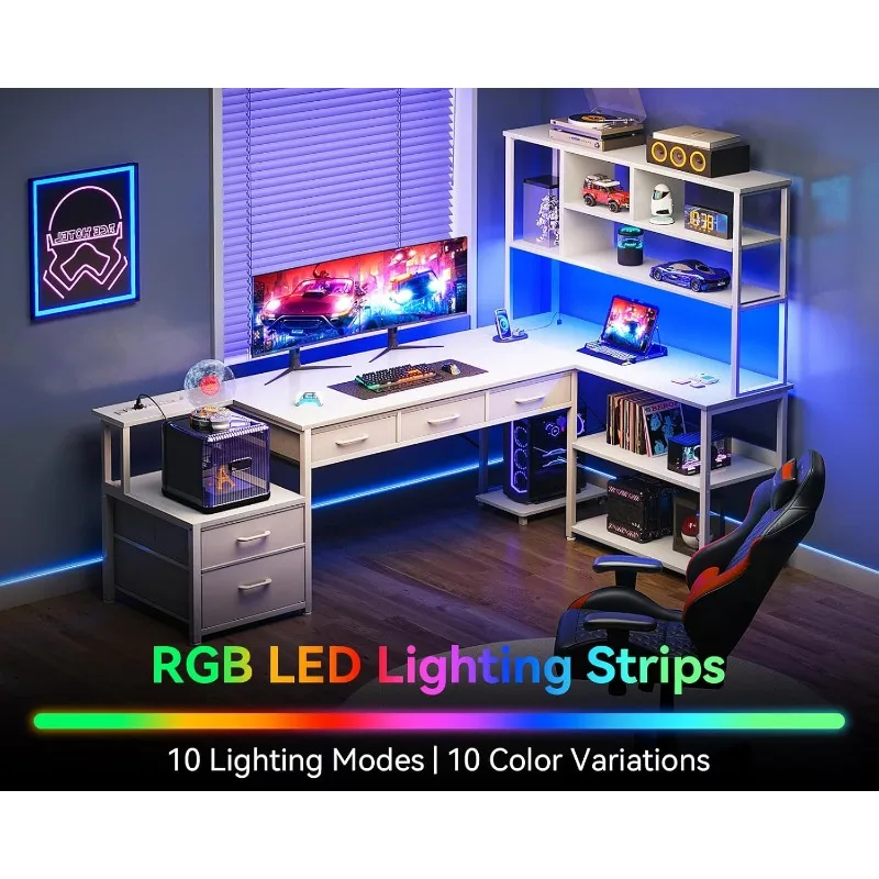 79 inch L Shaped Desk with File Drawers, Reversible L Shaped Gaming Desk with Power Outlets & LED Lights, Computer Desk White 3