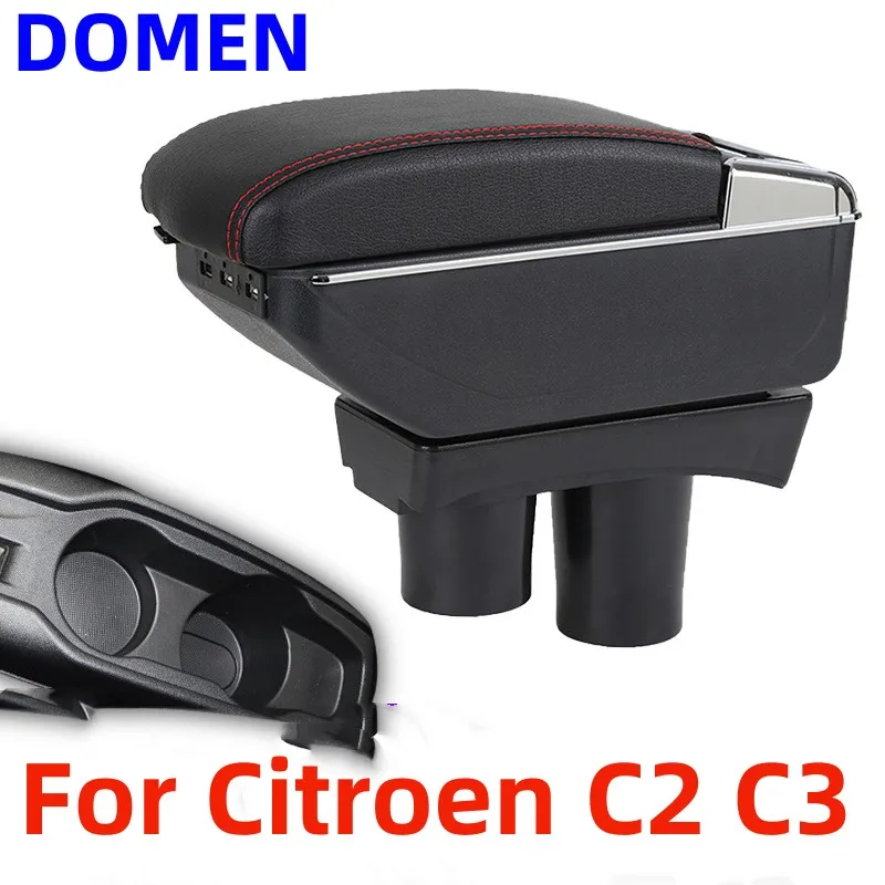 

For Citroen C2 C3 armrest box For Citroen C2 Car Armrest Storage Box Cup Holder Modification Accessorissories with USB LED light