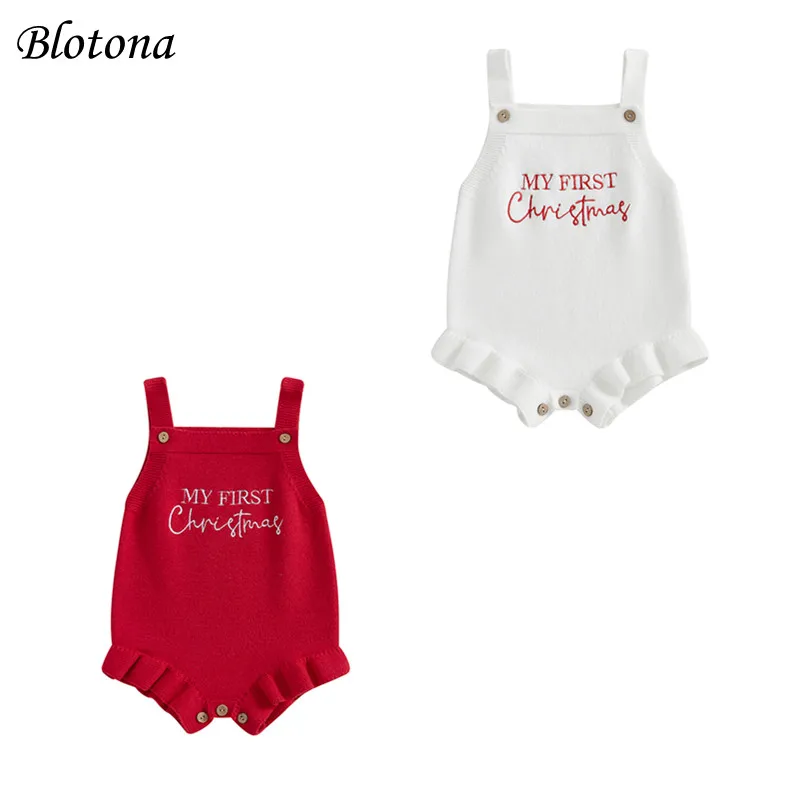 Blotona Baby Girl Knitted Romper Sleeveless Square Neck Letter Embroidery Ruffled Bodysuit Newborn Overalls Sweater Jumpsuit baby girls sweater