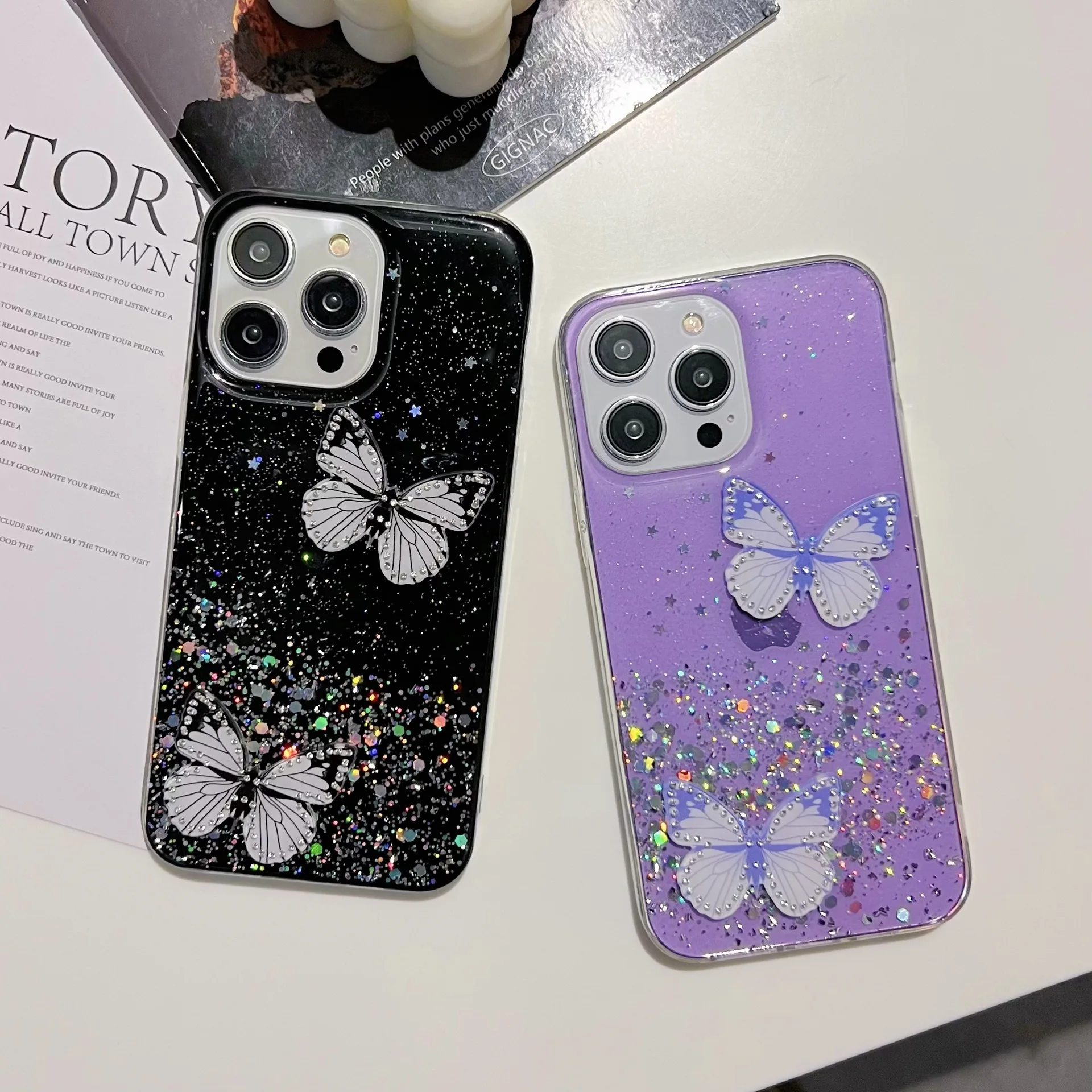 Vibrant Pink Butterfly & Starry Sky Semi-Transparent Shockproof Phone Case