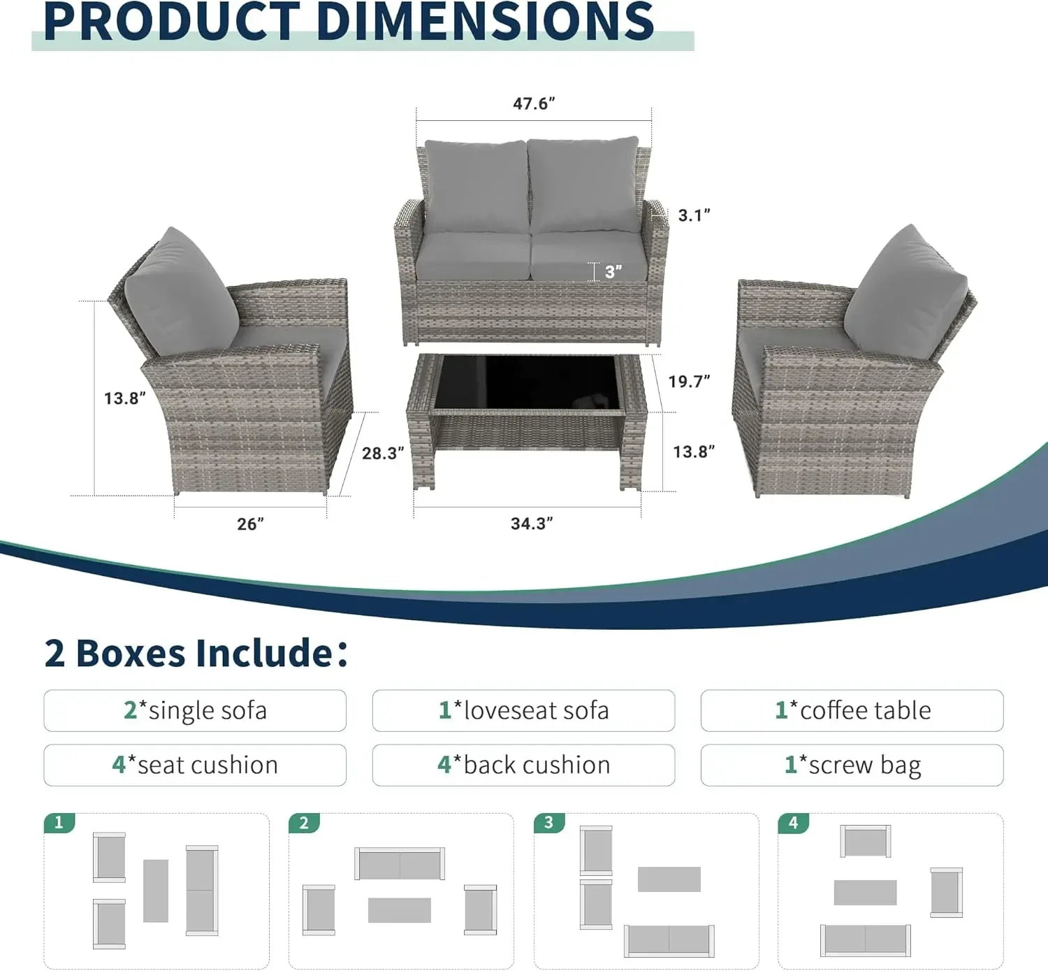 NEW-4-Piece Grey Waterproof PE Wicker Outdoor Sectional Sofa Set with Grey Cushions,All-Weather Patio Furniture for Balcony, Por