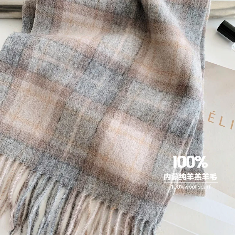 Écharpe/Châle 100% Pure Laine - Motif Écossais Et Carreaux Beige - Accessoires &Daz, 160x30 Cm