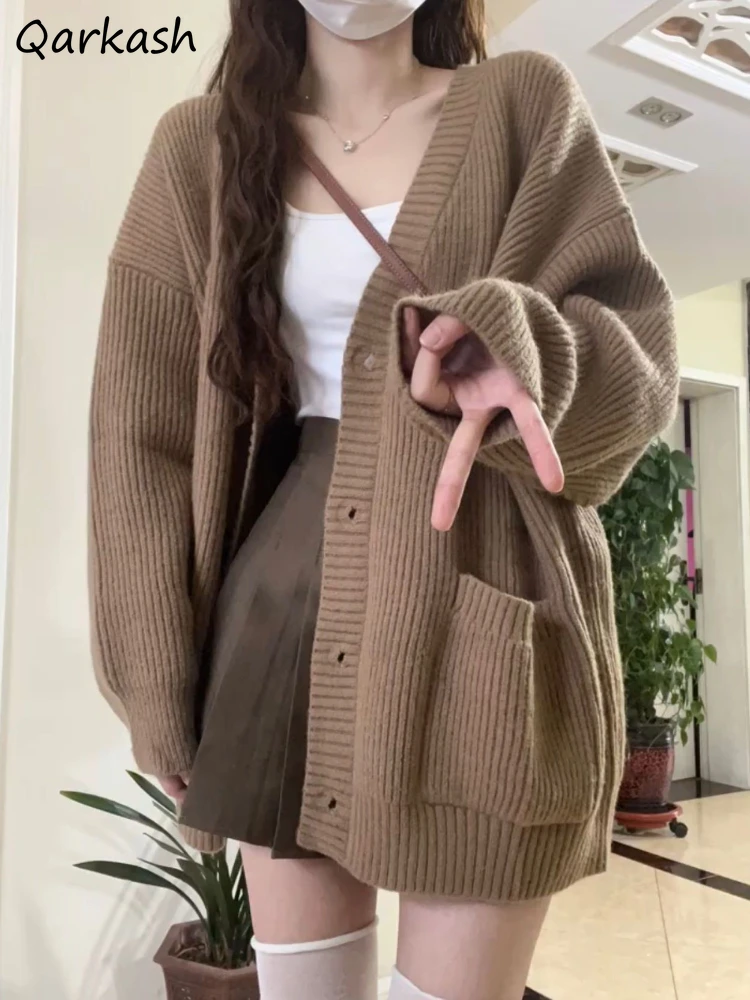 

Long Cardigans Women Baggy Vintage Pockets Ulzzang V-neck College Gentle Harauku Design All-match Knit Young Simple Vibe Autumn