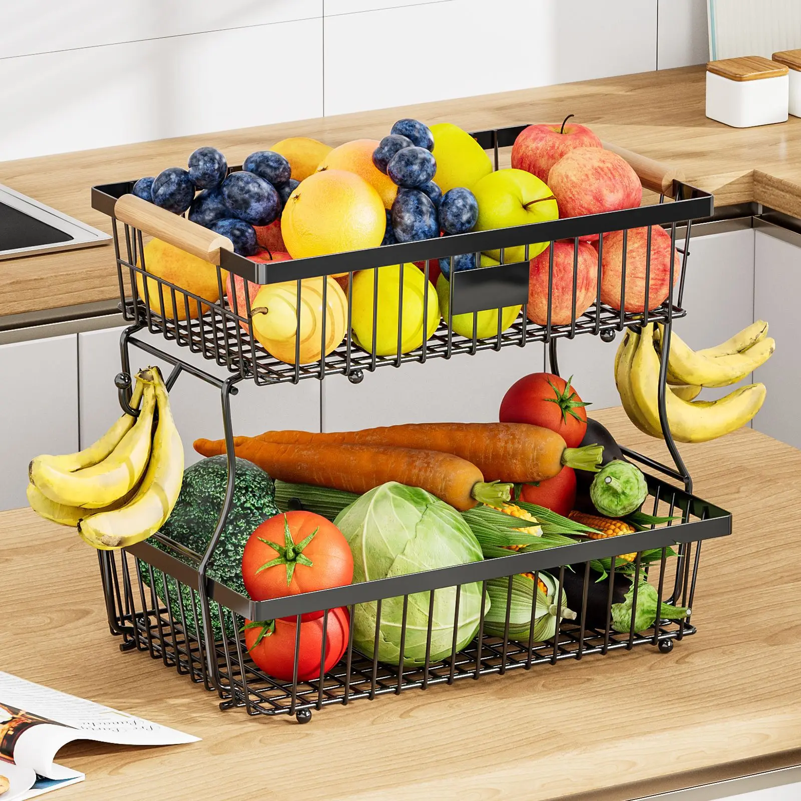 33*29cm deteachable fruit vegetable kitchen storage organizeation racks holders double-layer trays wood hand SS home display