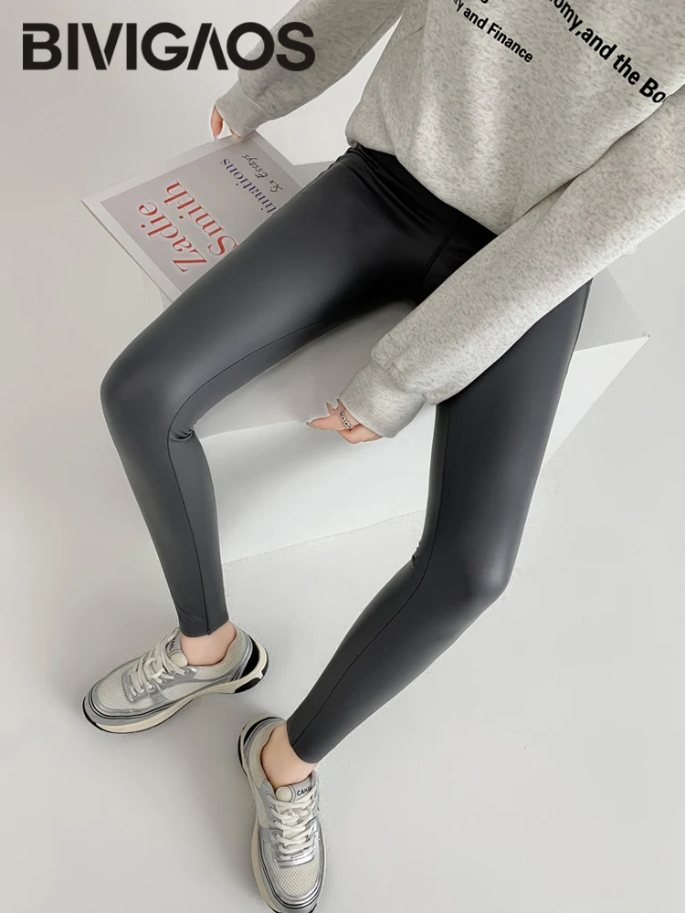 Waist Splicing PU Leather Fleece Sexy Leggings Winter Warm Fall New Tight Stretch Leather Pants Women Sharkskin High