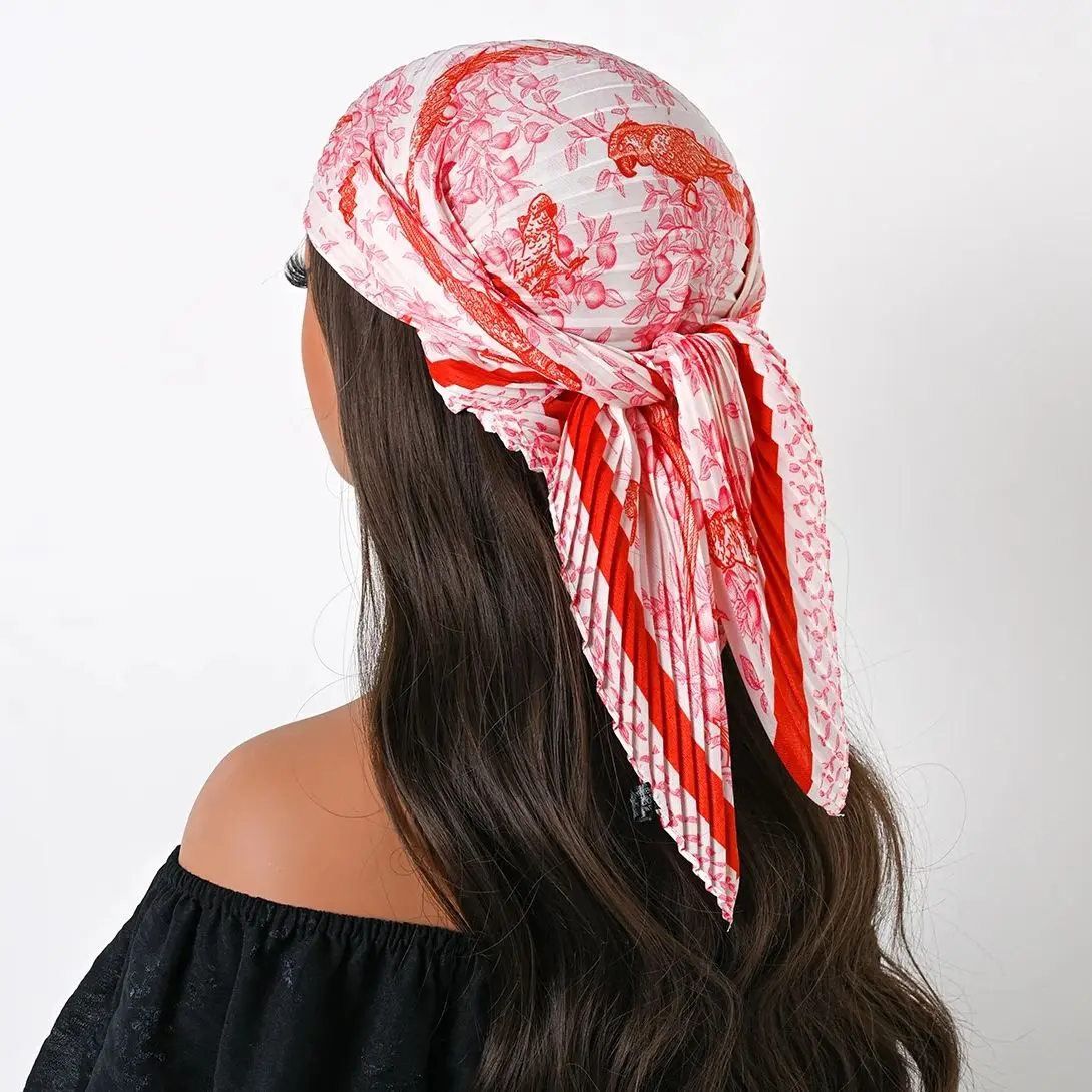 Four Seasons New 70cm Silk Pleated Scarf Print Small Scarves Square Scarf Satin Neckerchief Decorative Headscarf Bandana 2025