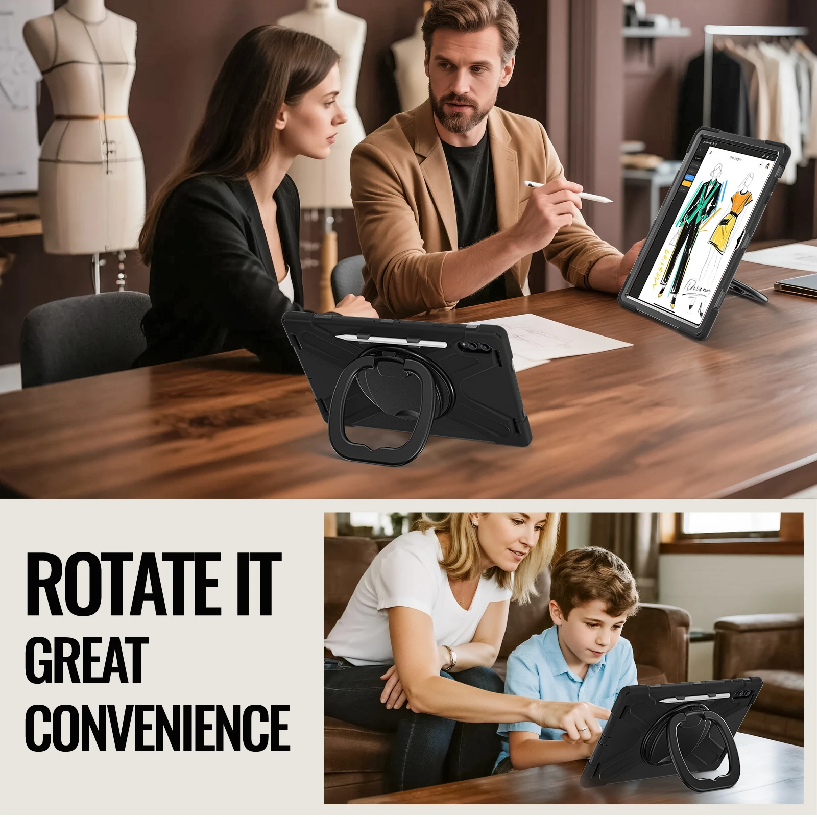 Premium Rotating Tablet Case with Handle Grip and Shoulder Strap - Enhanced Protection