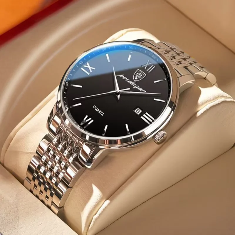 POEDAGAR Luxury Sports Men Watch Waterproof Luminous Stainless Steel Date Wristwatch For Man Quartz Clock Business Men’s Watches BEST SELLERS Color: 826 Silver Black S