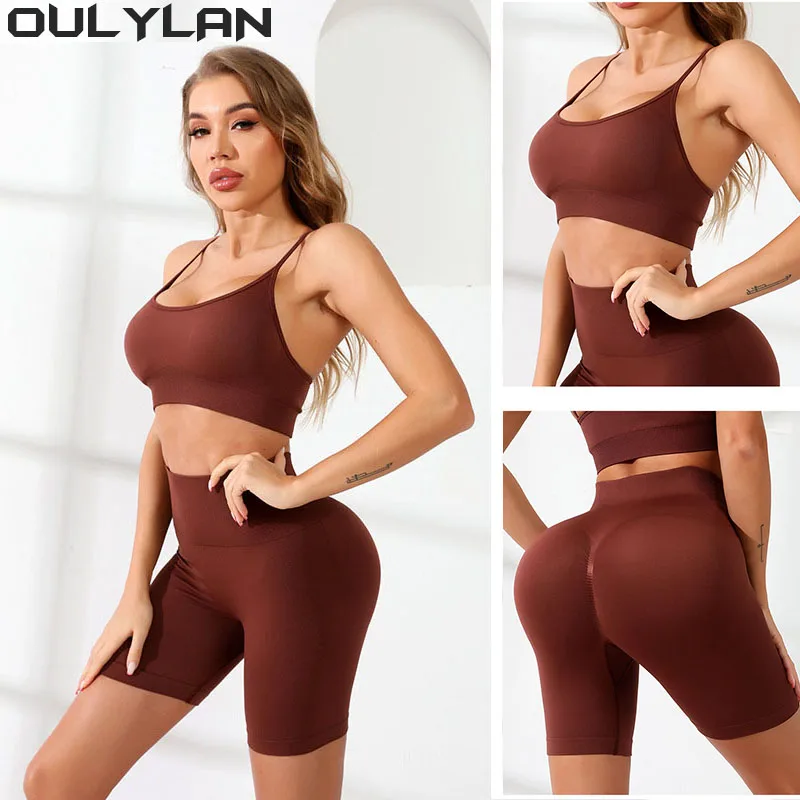 

Комплект из шорт Oulylan, облегающий женский спортивный костюм, комплект для йоги в тренажерном зале, велосипедный эластичный короткий бюстгальтер со съемными подушечками для груди, женская одежда