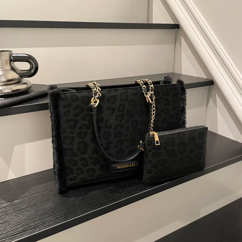 Women Faux Suede Leopard Print Underarm Shoulder Bag with Zipper Shoulder Tote Bag Large Capacity Handbag for Outing Commuting