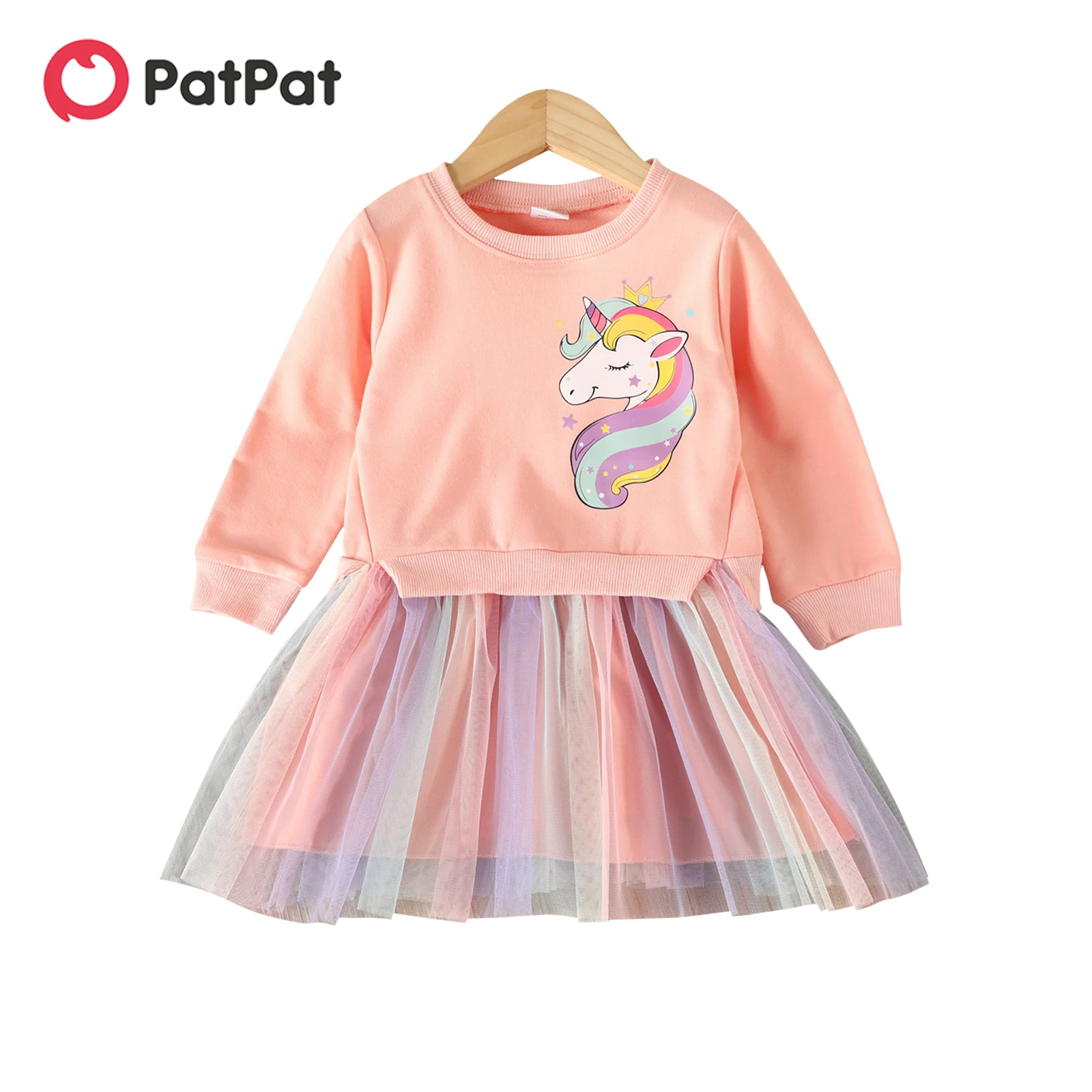 

PatPat Toddler Girl Sweet Faux-two Unicorn Print Mesh Splice Dress