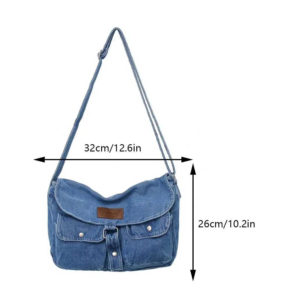 Women Denim Shoulder Bag Multi Pocket Crossbody Pouch Large Capacity Versatile Adjustable Strap Jean Bag for Travel Work