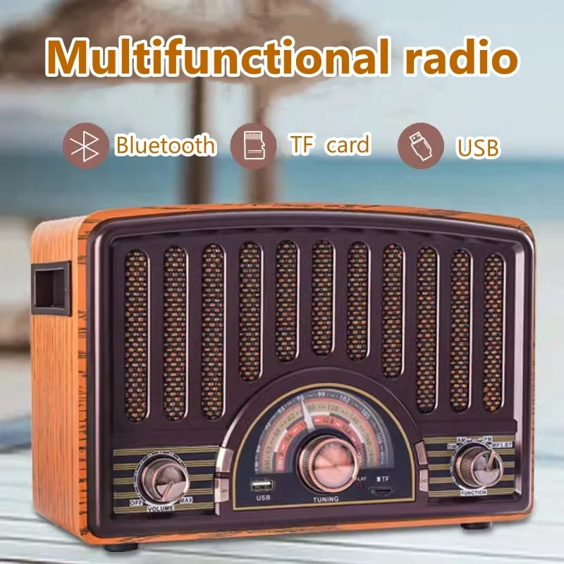 Portable Good Sensitivity Am Fm Sw Radio Reproductor Wooden Retro Wireless Bluetooth Speakers Support TF Card U Disk Playback