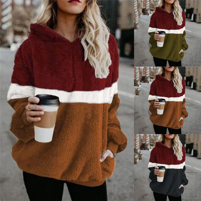 

2023 Autumn and Winter New Products Three-color Tasche Stitching Hooded Thick Warm Pocket Long-sleeved Jacket Women New Casual
