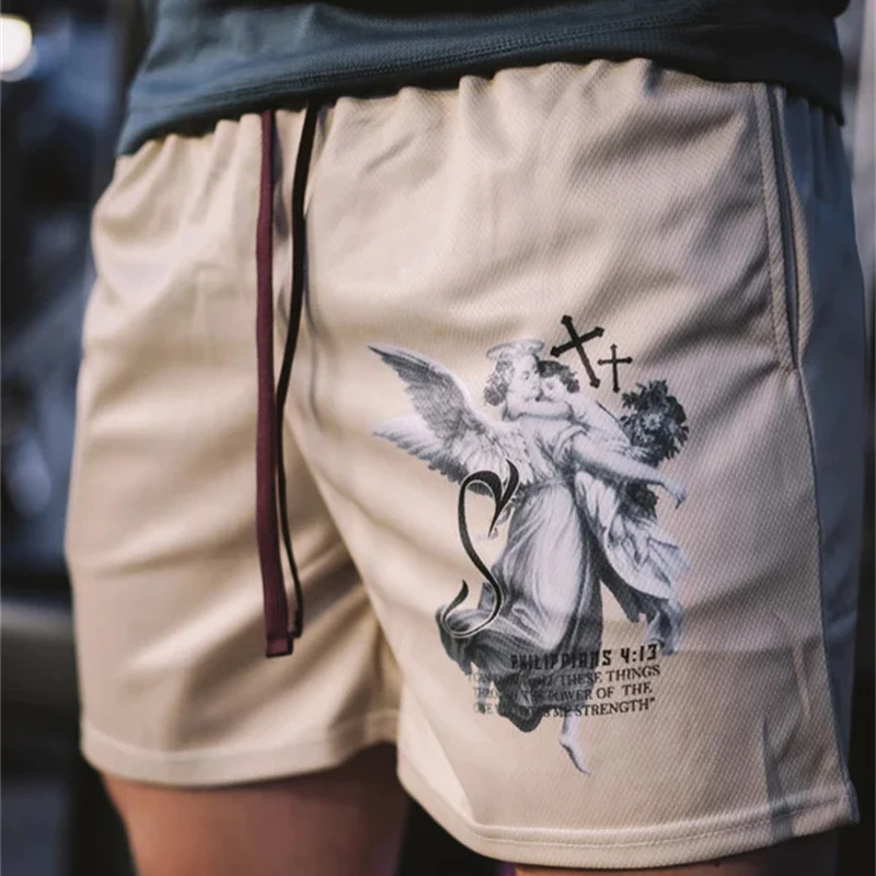 Y2K Christian Angel Cross Print Gym Shorts for Men Active Track Shorts with Pockets Athletic Workout Training Running Jogging 4