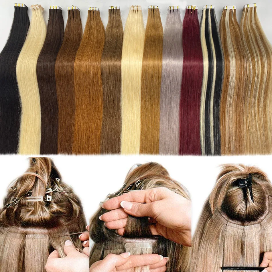 

Tape in Human Hair Extensions Natural Seamless Invisible SKin Weft 18"-30" Machine Remy Double Sided Adhesive Human Hair