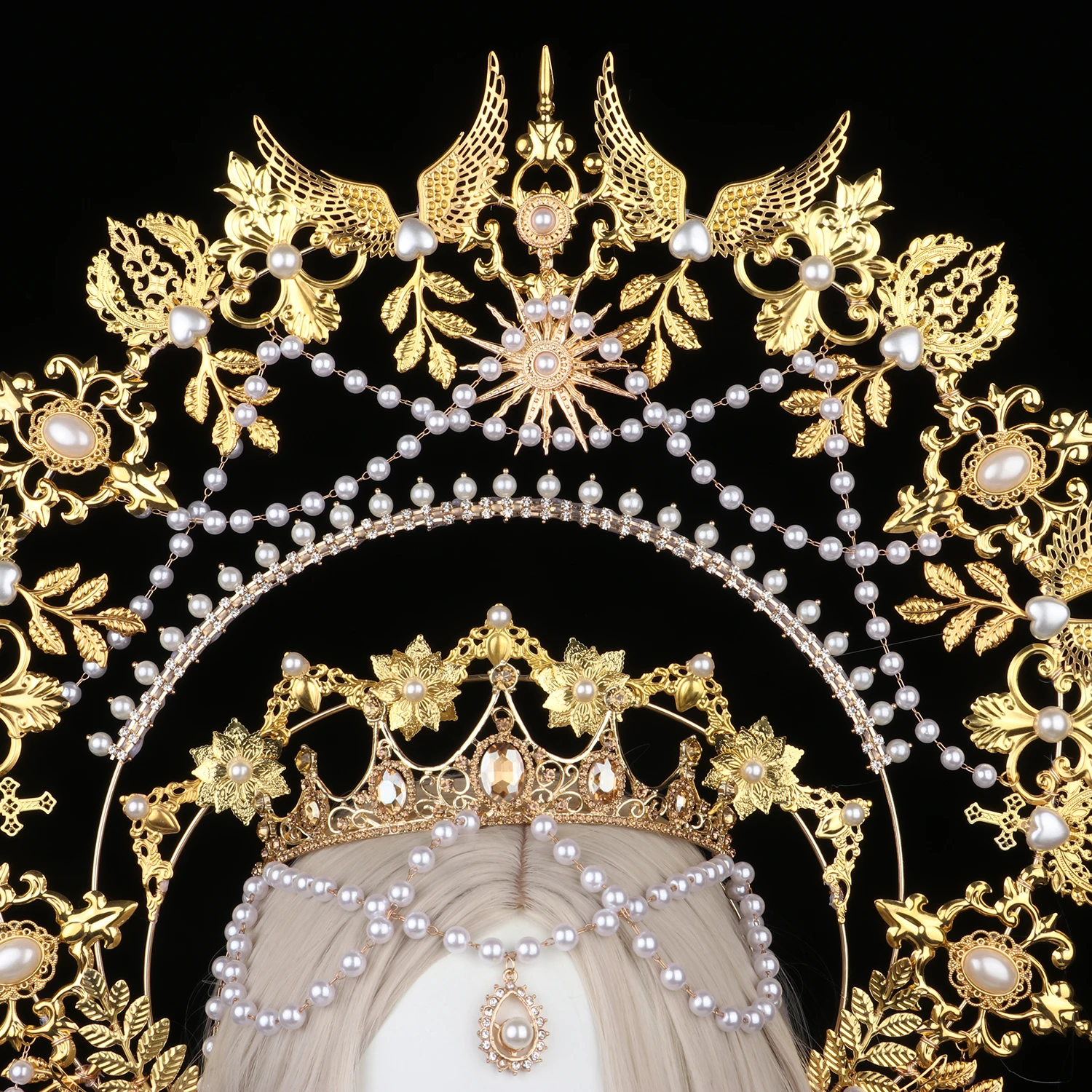 Sun Goddess Angel Halo Crown Headpiece Queen Anna Baroque Pearl Tiara Headband