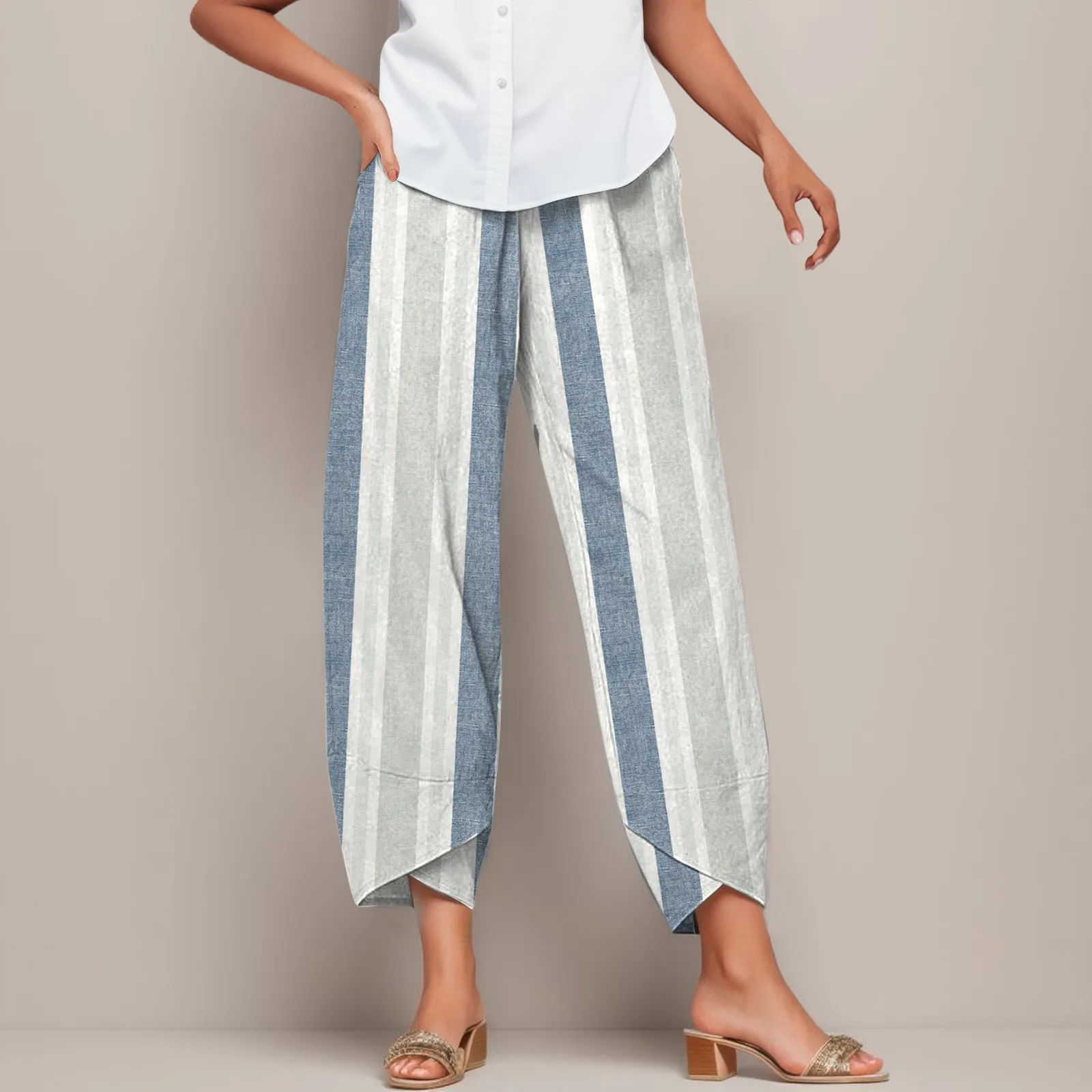 

2023 New Summer Women Casual Cotton Linen Baggy Harem Pants Striped Loose Trousers Plus Size Ladies Wide Leg Cropped Pants New
