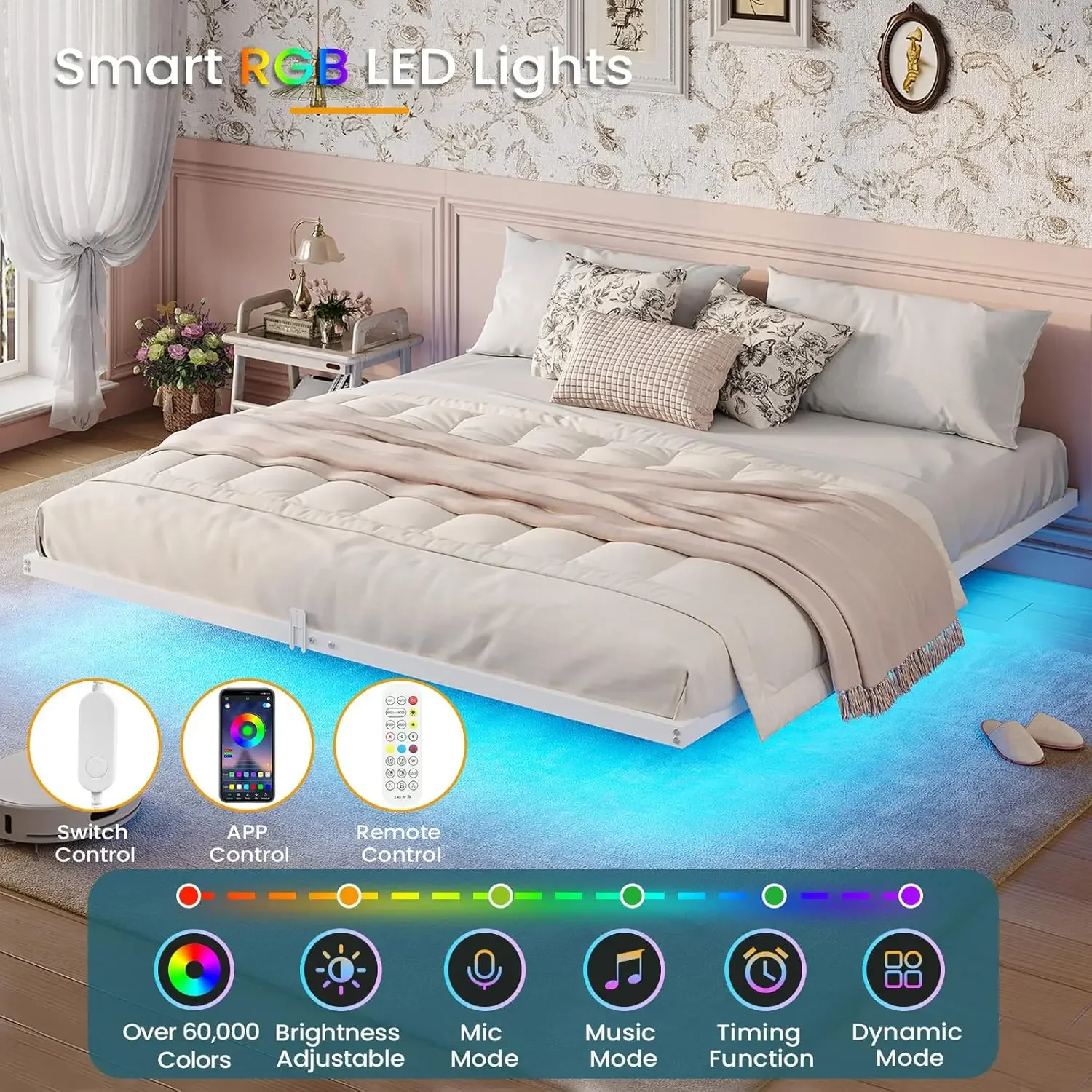 Floating Bed Frame King Size W/ LED Lights, Metal Platform King Bed W/ Heavy Duty Steel Slats & 4 Mattress Slide Stopper, White 3