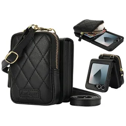 Luxury Crossbody Lychee Leather Wallet Case with Long Lanyard Protective Cover - Galaxy Z Flip 7 (Black)
