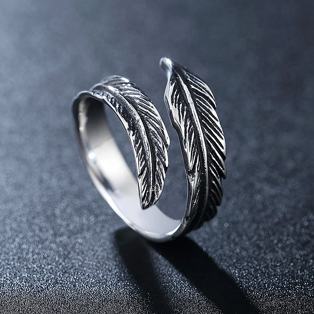 Retro Creative Open Feather Stainless Steel Ring Men and Women Jewelry Punk Viking Odin Crow Feather Ring Men's Gift
