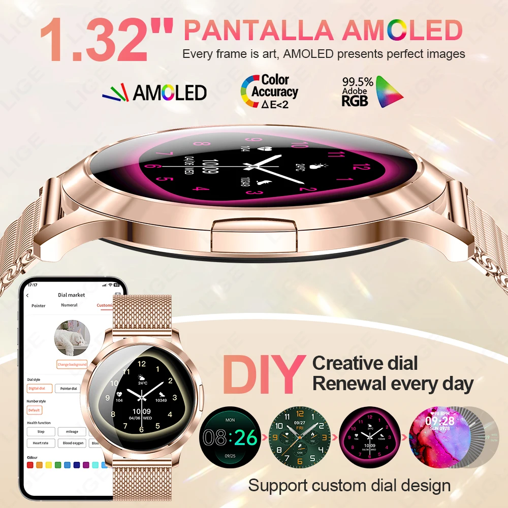 Smart Watch AMOLED 1.32 inch Women Watches Heart Rate Sleep Monitor Sports Fitness Bracelet Ladies Smartwatch For Android IOS