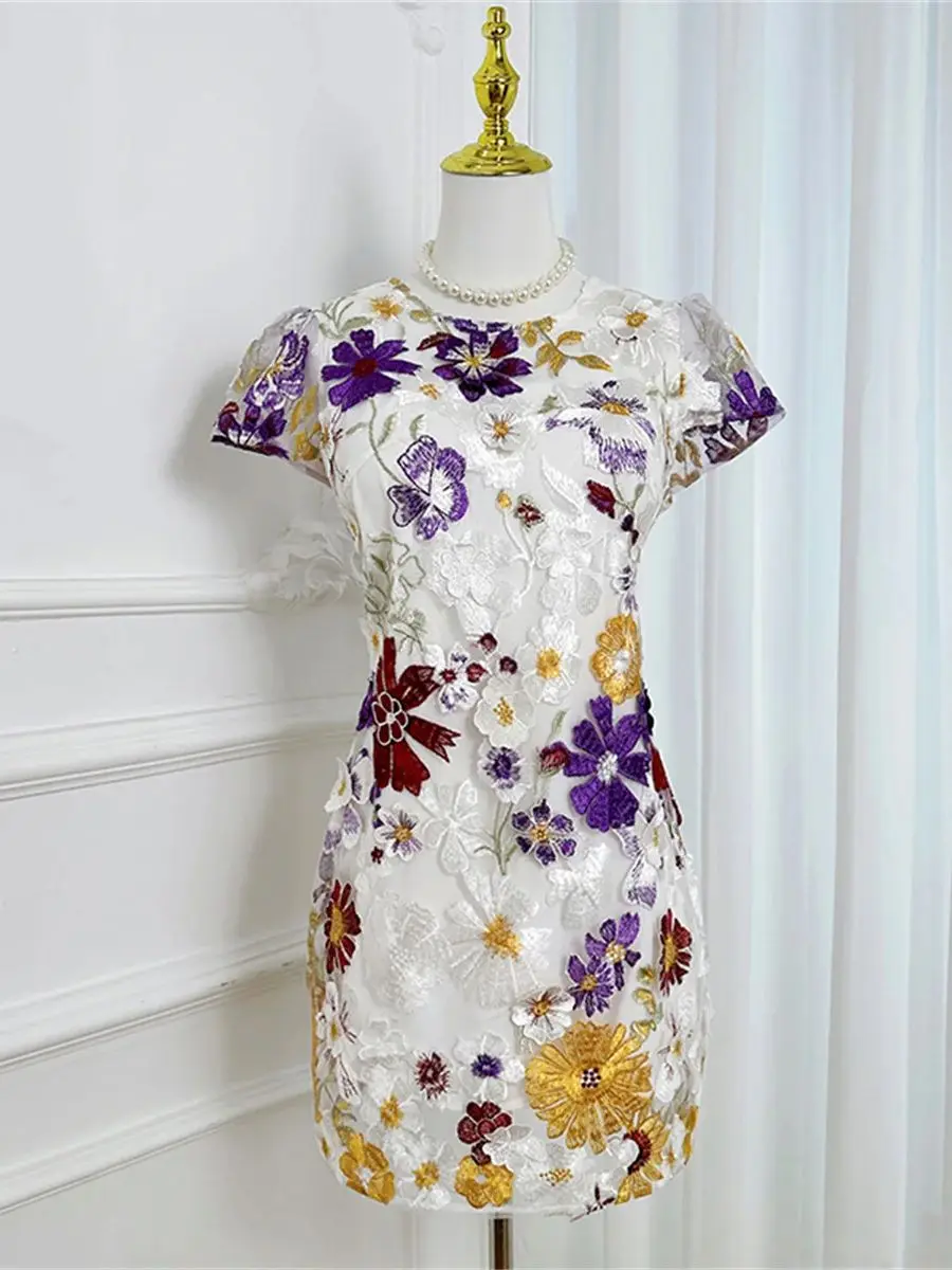 Elegant Hollow Out 3D Flower Crochet Embroidery Mini Dresses