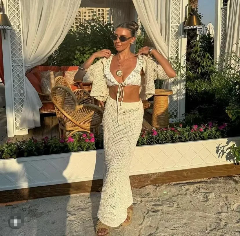 Knit Hollow Out 2 Piece-Set Long Skirt Women's Cropped Top Cardigan And High Waist Maxi Skirt Outfits Female Clothes