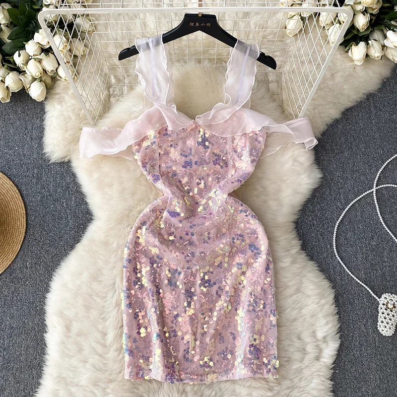 

Spaghetti Strap Dress for Women 2023 Summer New Sequins Off Shoulder Dresses Elegant Ladies Ruffles Pink Mini Vestidos