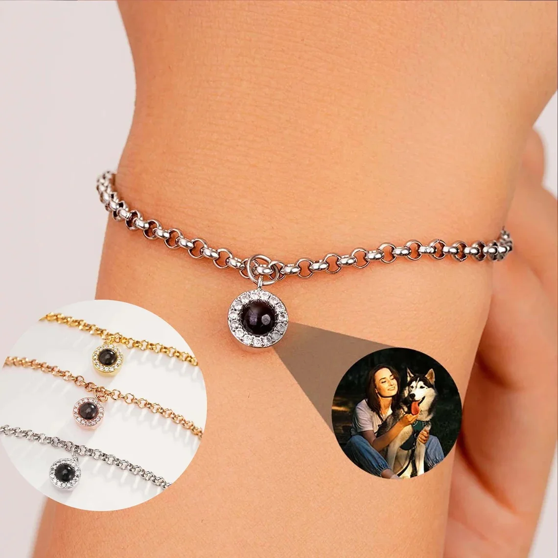 Projection Photo Bracelets Custom Personalized Cubic Zirconia Bracelet with Picture Inside Bangle Jewelry Anniversary Gift