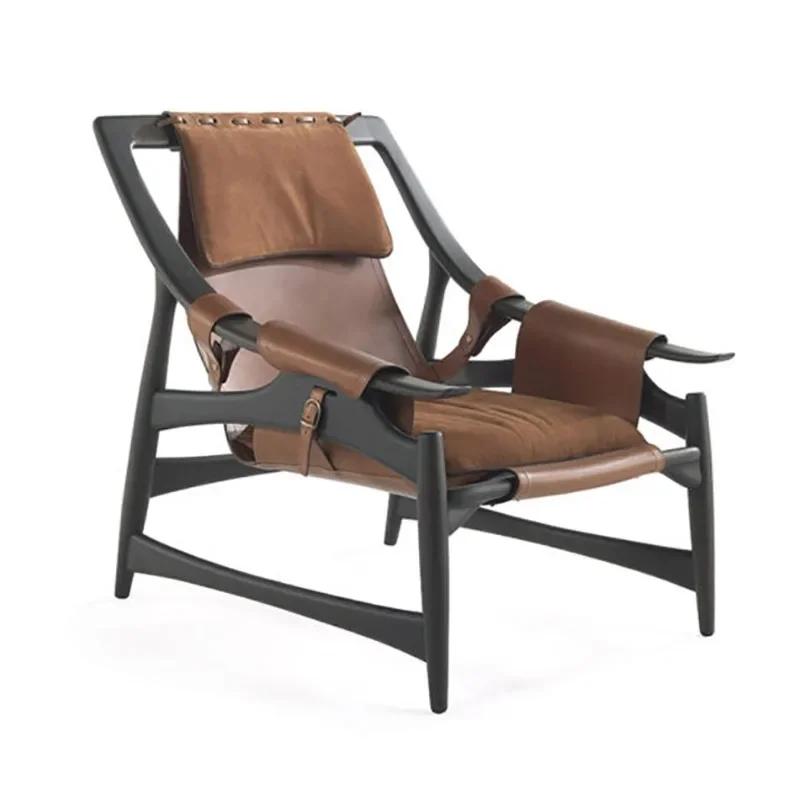 Italian Solid Wood Industrial Style Saddle Leather Chair, Simple Designer Leisure Sofa Chair, Home Living Room Lazy Lounge Chair