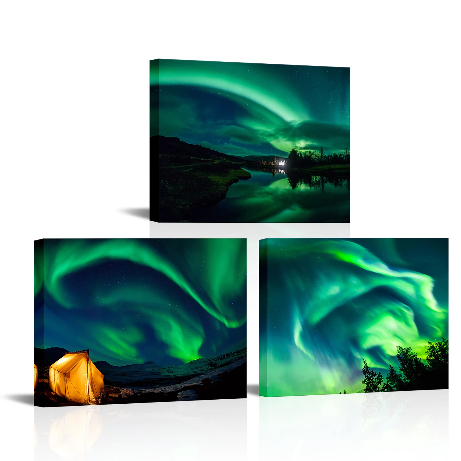 

3 Pieces Green Aurora Wall Art Poster Northern Lights Print Canvas Painting Modern Style Pictures Living Room Home Decor