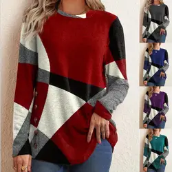 2022 chunya button geométrico contraste cor manga comprida impresso solto camiseta feminina
